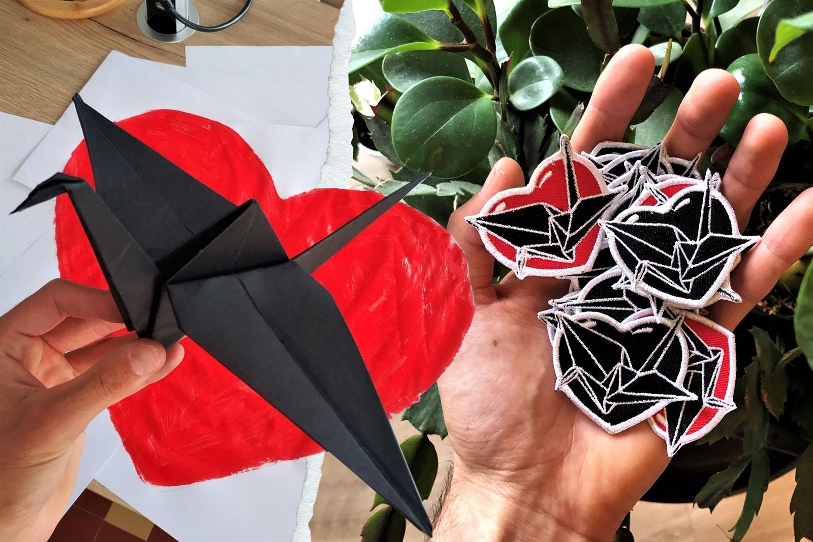 Grue en origami et écussons brodés créés par 404 Klub