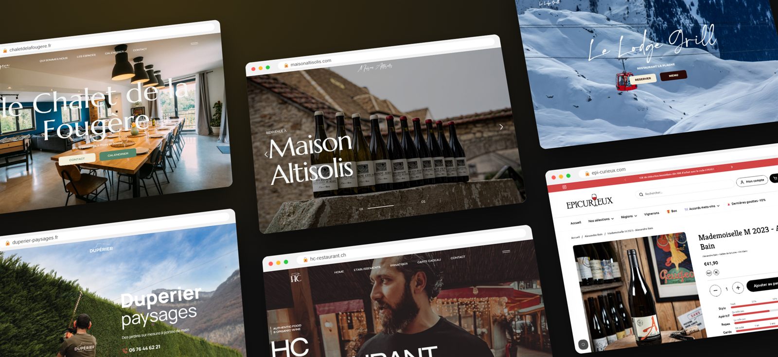 Sites de clients hébergés et maintenus par 404 Klub : Chalet de la Fougère, Maison Altisolis, Le Lodge Grill, Duperier Paysages, HC Restaurant Genève, Épi-curieux